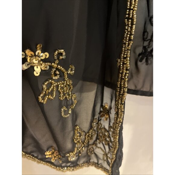 Vintage Gold Beaded Sheer Mesh Long Sleeve Open Front Jacket Blazer Black Sz M/L - Picture 2 of 7
